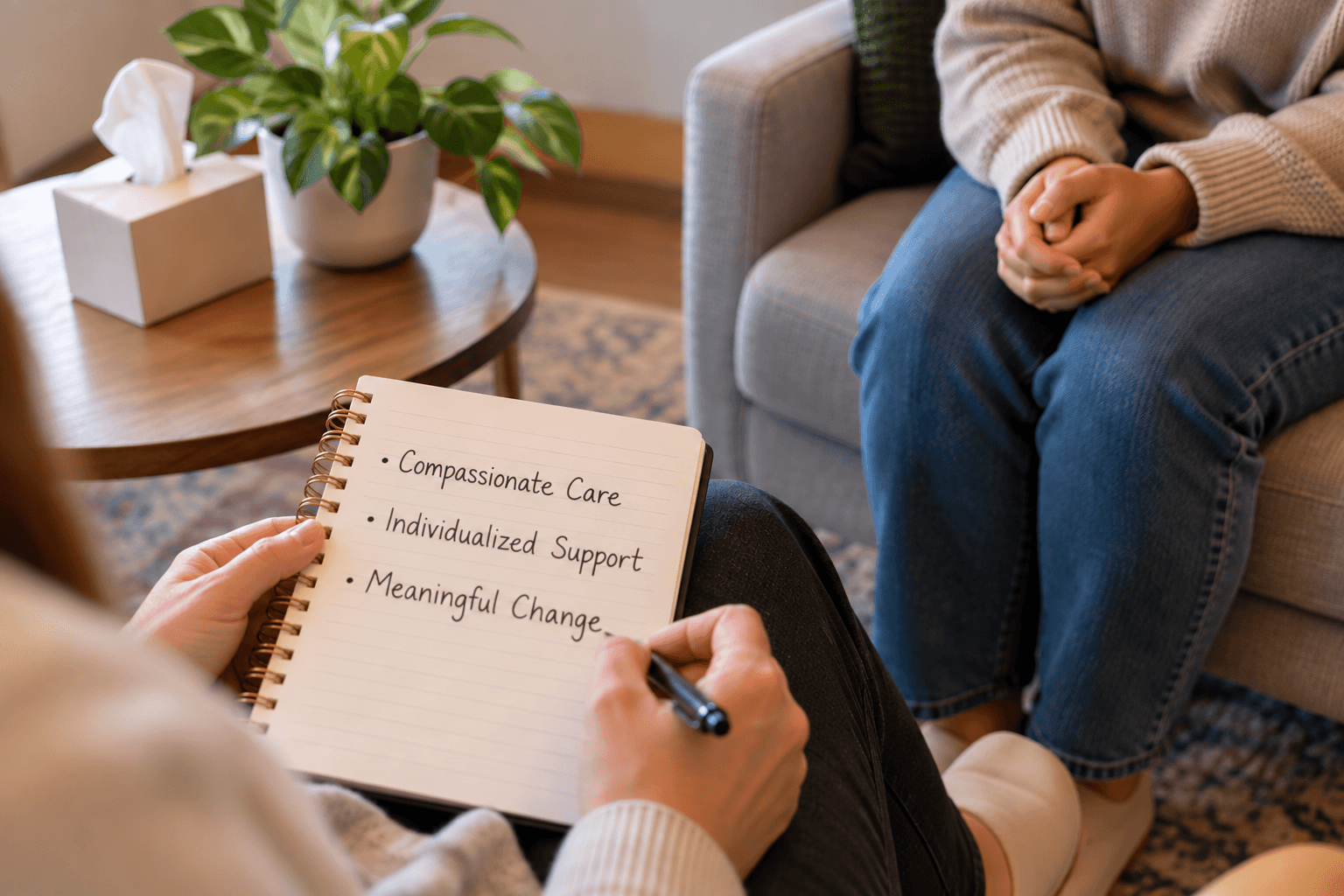 A counsellor taking notes during a session with a client in a calm, welcoming office